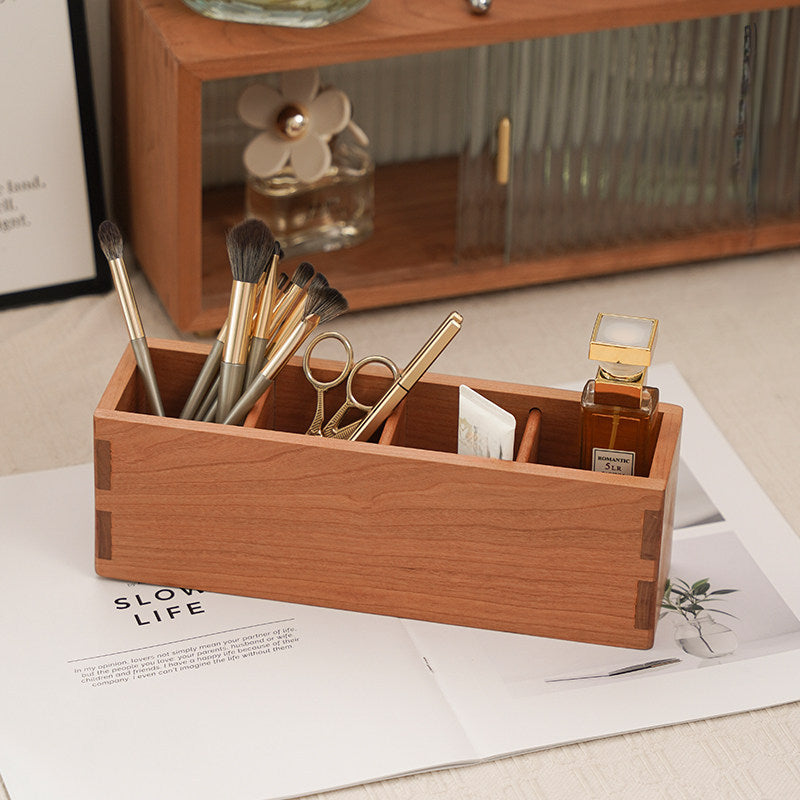 Cherry wood desktop organizer box for keeping small accessories neat and easy to reach.