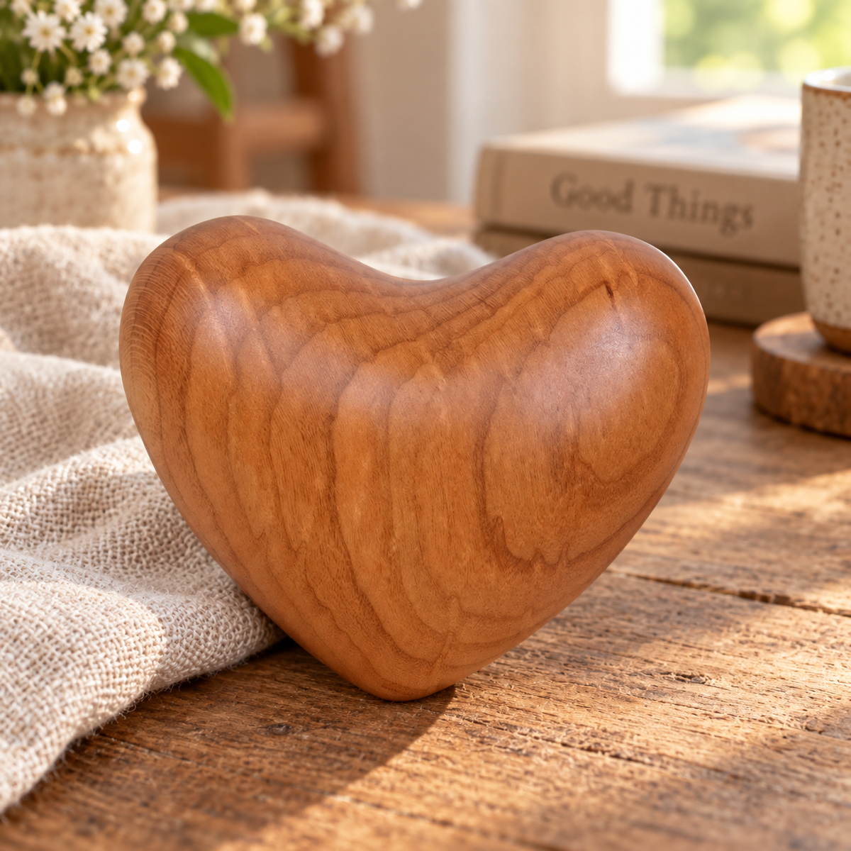 Cherry wood heart keepsake with a smooth handcrafted shape and natural wood grain.