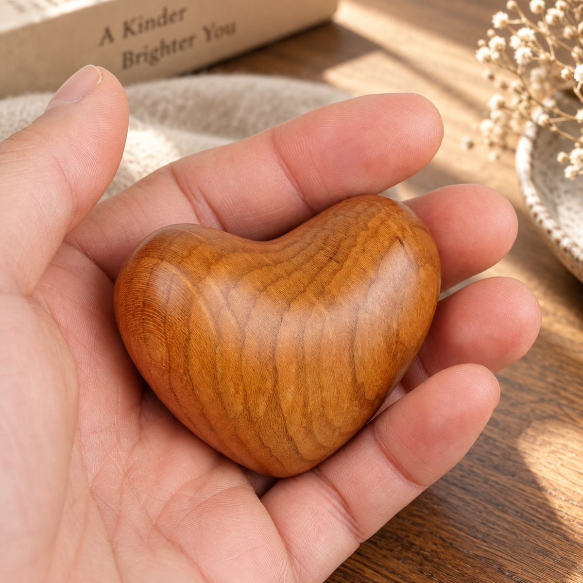 Cherry wood heart shown with a size guide for product scale and proportions.