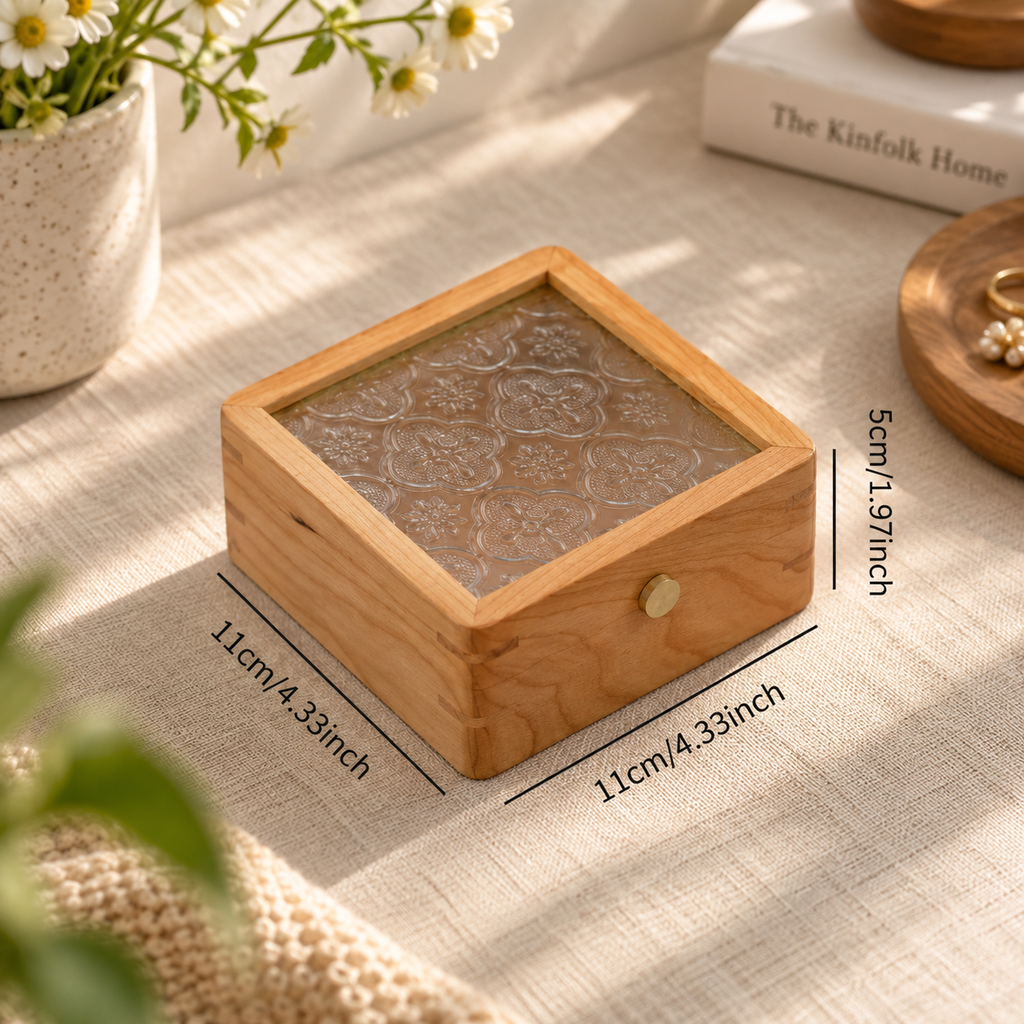 Cherry wood jewelry box shown with a size guide for product scale and proportions.