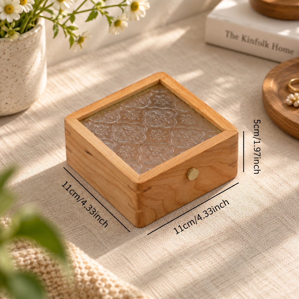 Cherry wood jewelry box shown with a size guide for product scale and proportions.