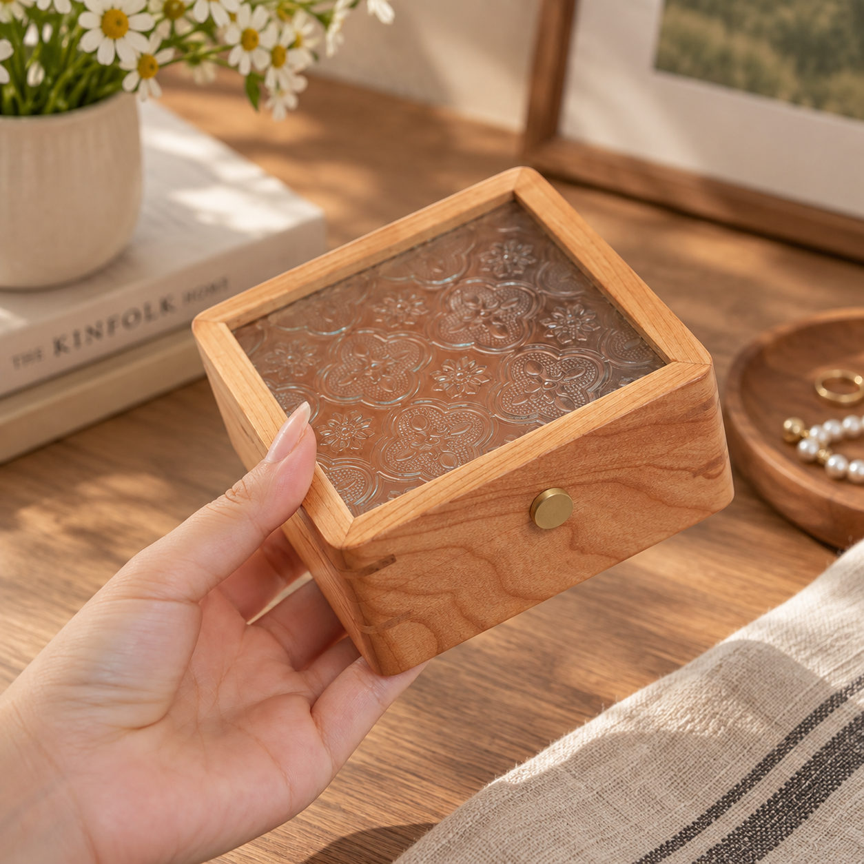 Cherry wood jewelry organizer box for keeping necklaces, bracelets, rings, and small accessories together.