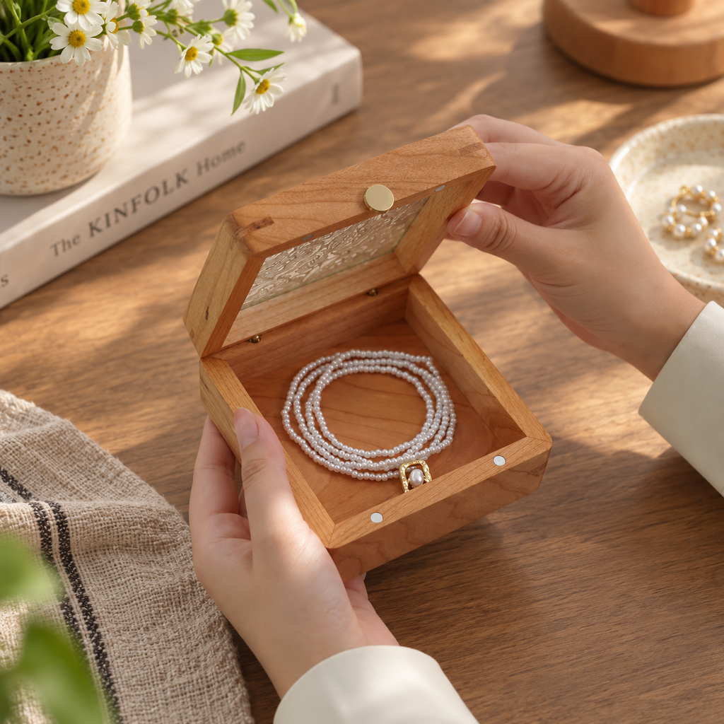 Cherry wood keepsake box with an ornate transparent lid and warm natural wood grain.