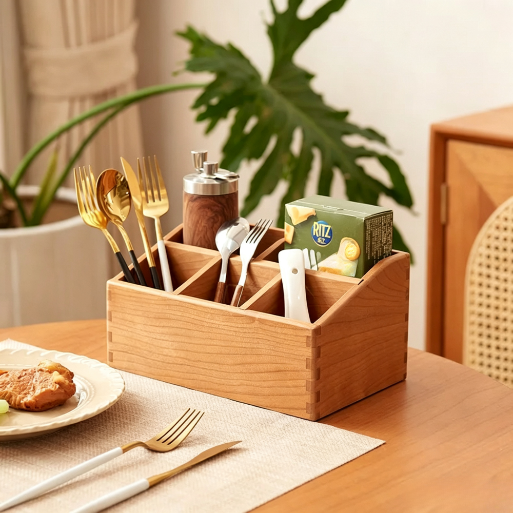 Handcrafted cherry wood multi-compartment organizer for everyday storage