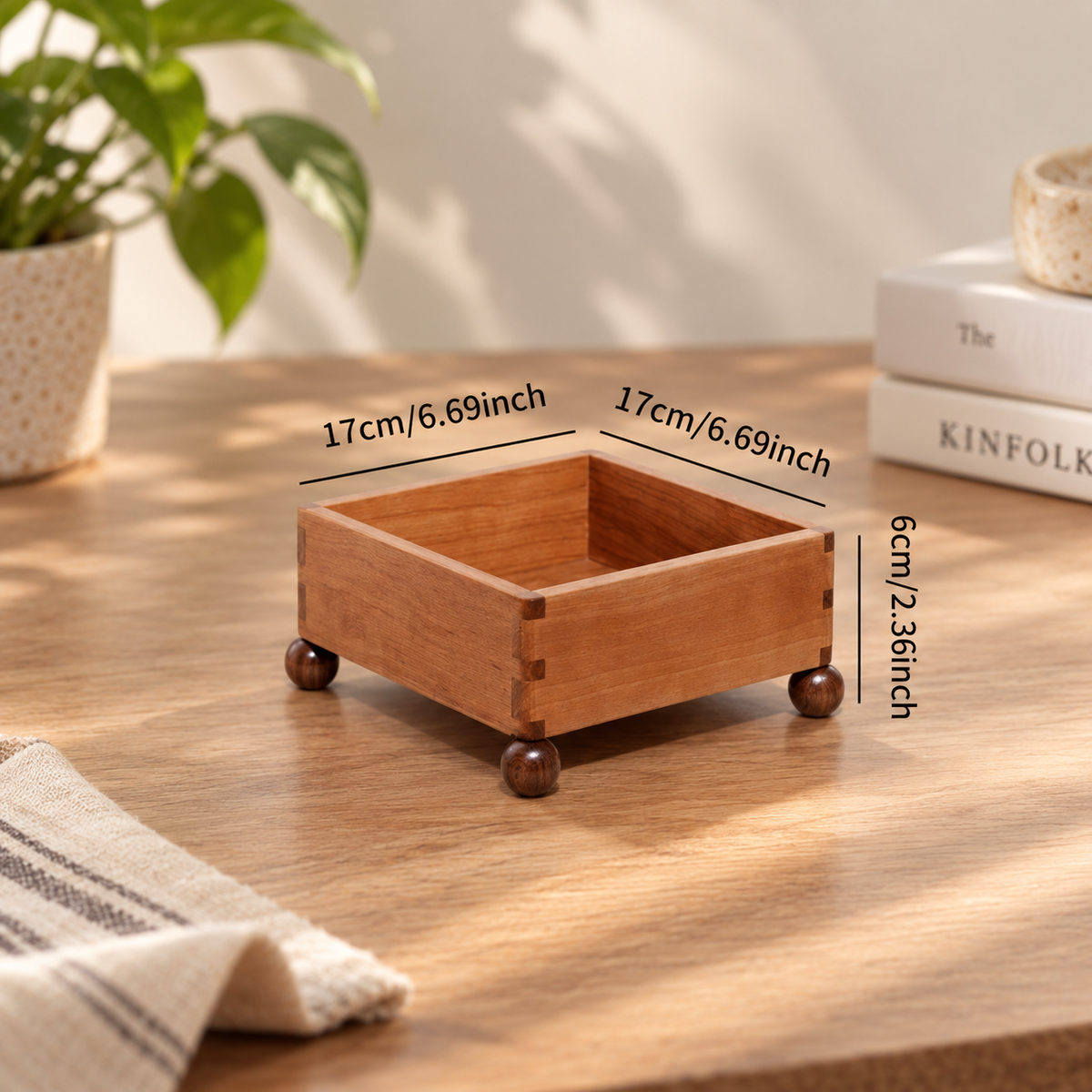 Cherry wood organizer tray shown with a size guide for product scale and proportions.
