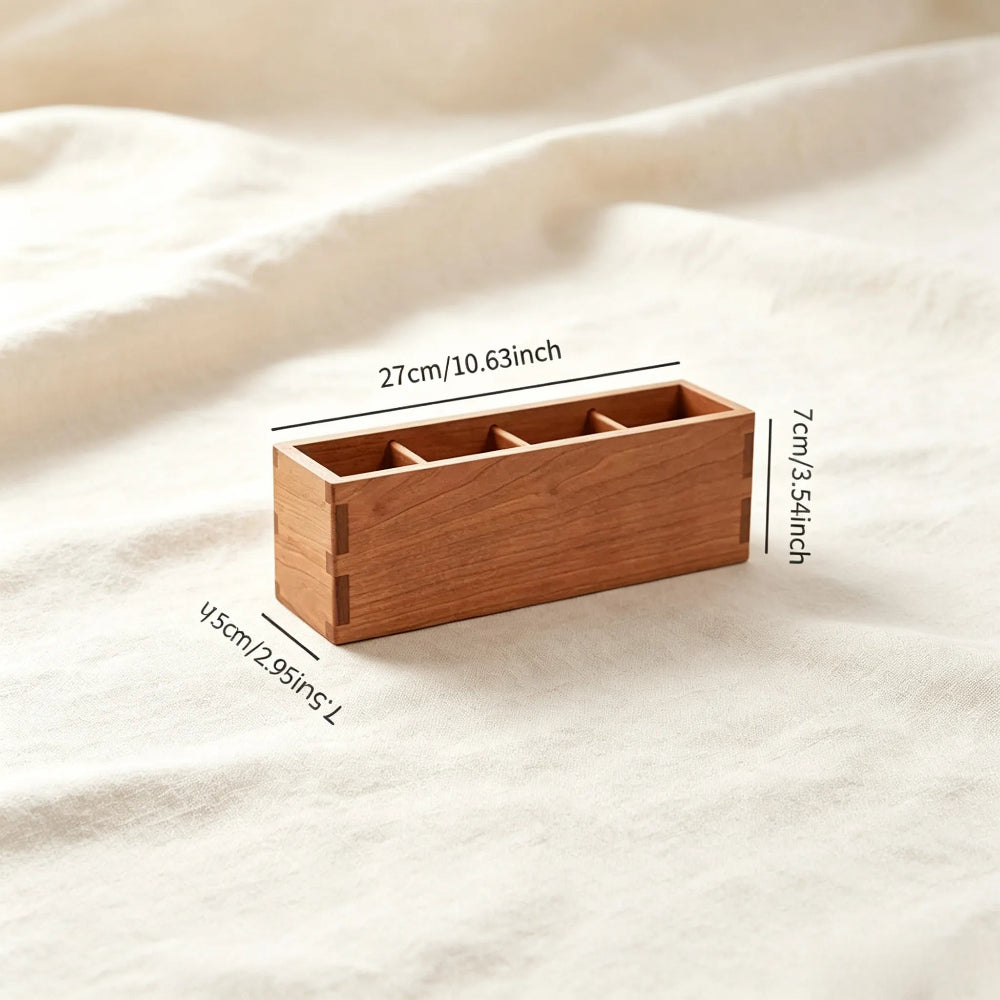 Cherry wood storage box shown with a size guide for product scale and proportions.