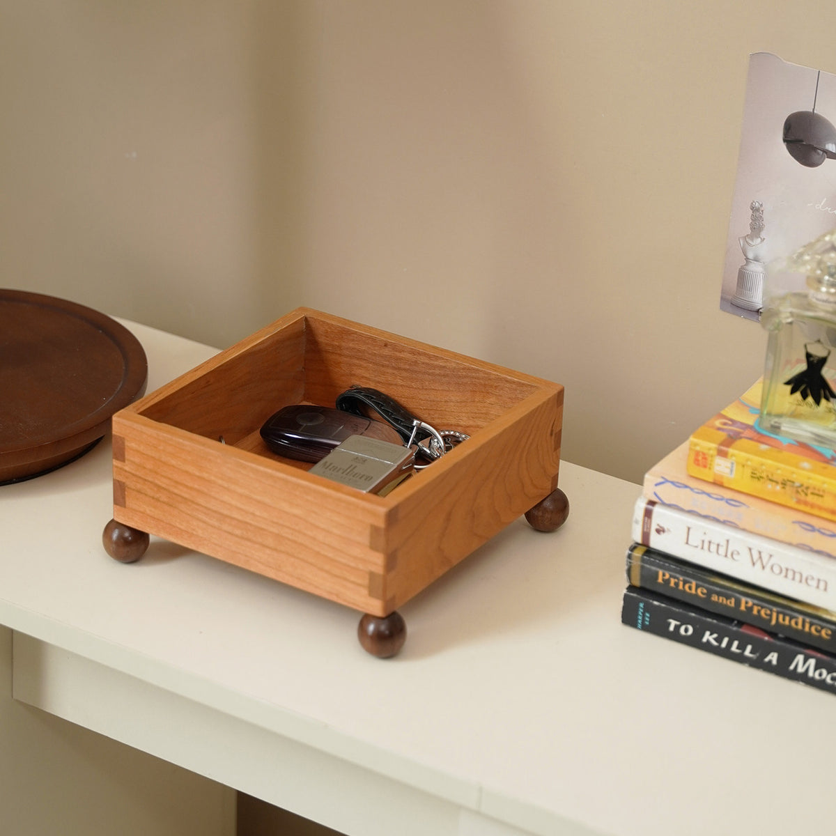 Cherry wood valet tray for keeping car keys and everyday items organized