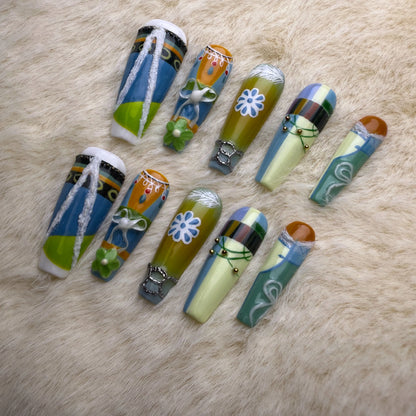Xiguranail, Handmade press on nails, 3D nail art, blue false nails, reusable press ons, french tip nails