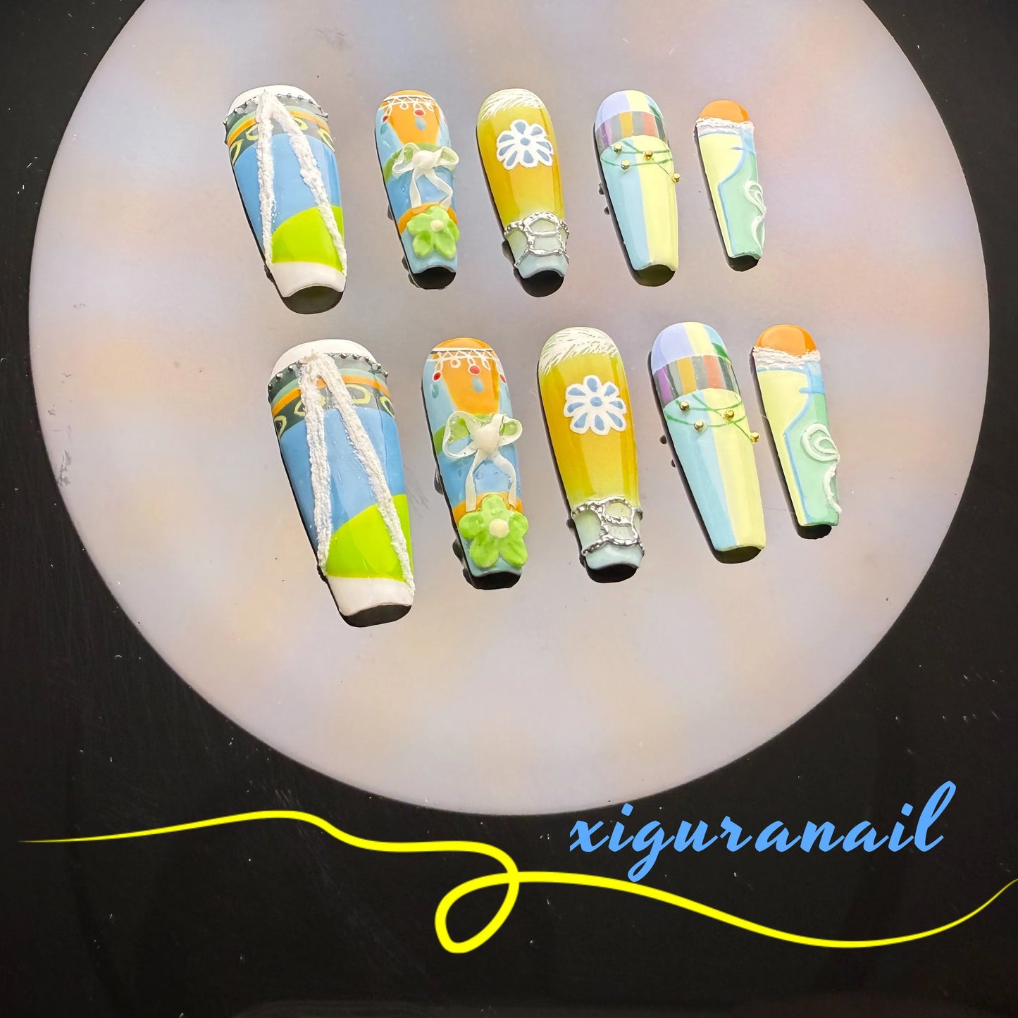 Xiguranail, Handmade press on nails, 3D nail art, blue false nails, reusable press ons, french tip nails