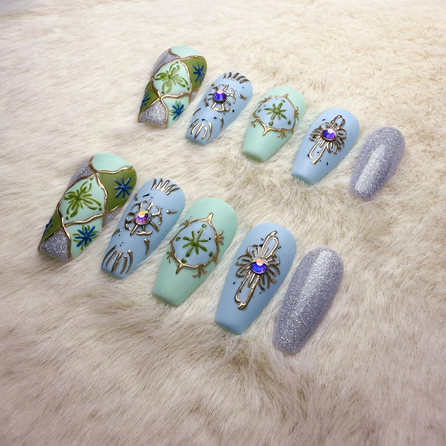 Xiguranail, Handmade press on nails, 3D nail art, blue false nails, reusable press ons, french tip nails, gel nails, acrylic nails