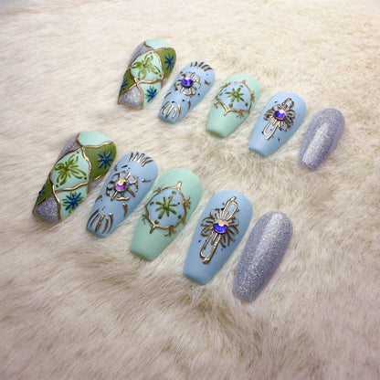 Xiguranail, Handmade press on nails, 3D nail art, blue false nails, reusable press ons, french tip nails, gel nails, acrylic nails