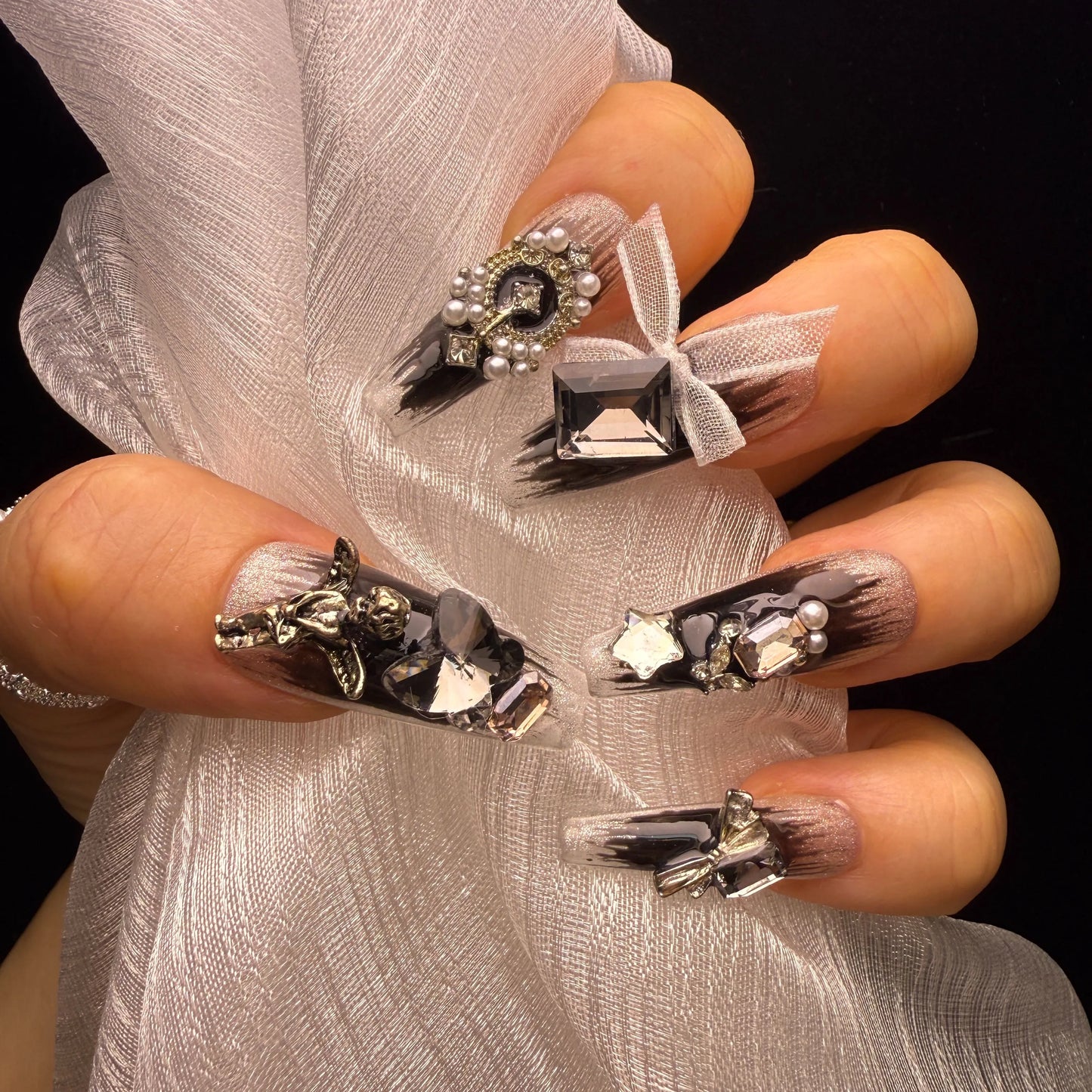 Xiguranail Handmade gel nails, 3D false nails, black press on nails, french nials, french tip nails, reusable press ons