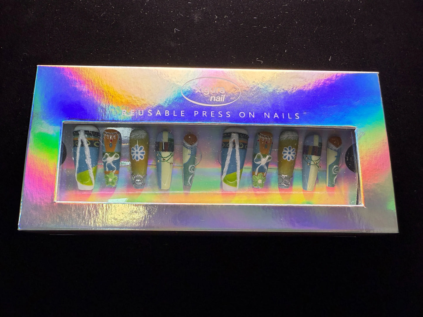 Xiguranail, Handmade press on nails, 3D nail art, blue false nails, reusable press ons, french tip nails