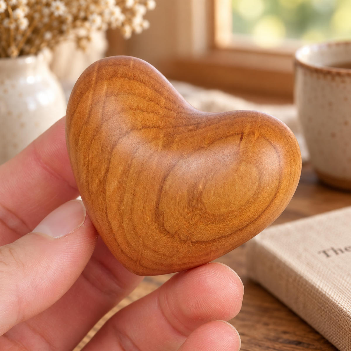 Engraved cherry wood heart styled as a thoughtful gift for anniversaries, birthdays, Valentine's Day, or loved ones.