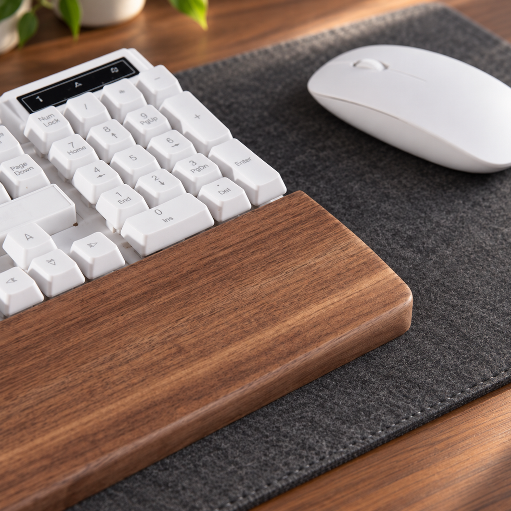 Black walnut keyboard wrist rest shown with a size guide for product scale and proportions.