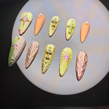 Xiguranail, Green acrylic nails, french tips, french tip nails, 3D nail art, reusable press on nails