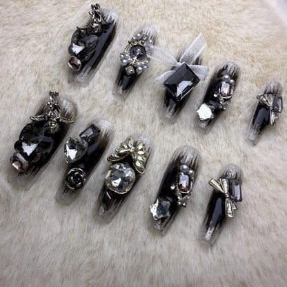 Xiguranail Handmade gel nails, 3D false nails, black press on nails, french nials, french tip nails, reusable press ons