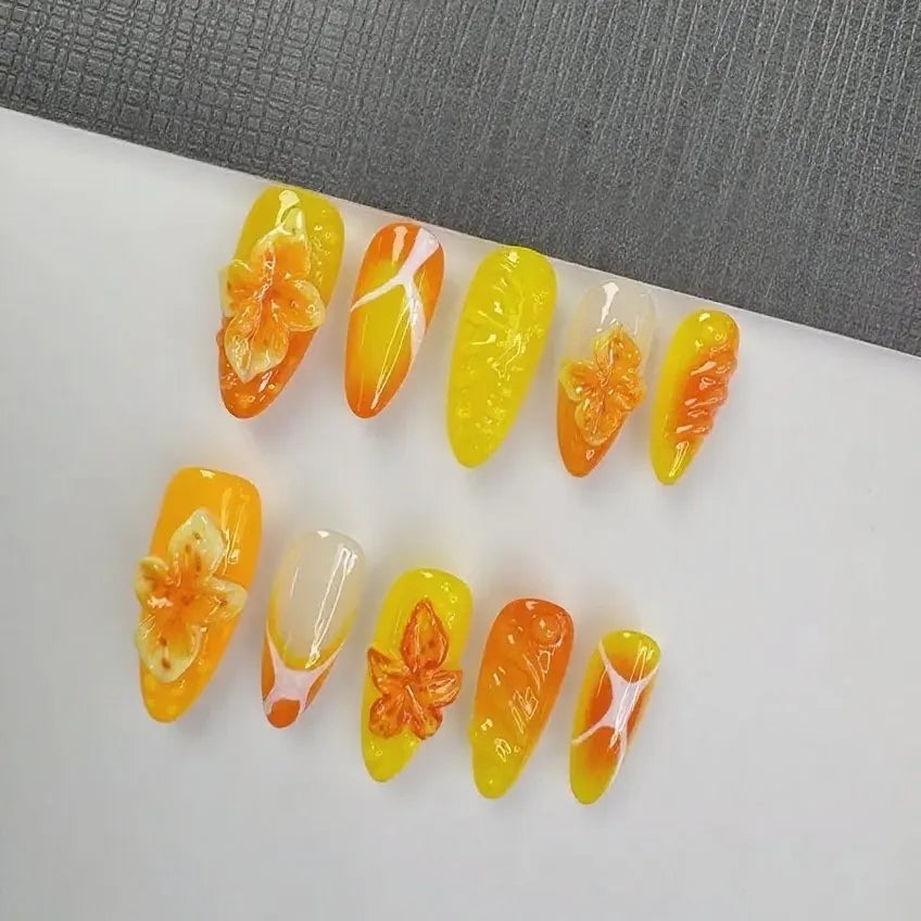 Xiguranail Yellow false nails, 3D gel nails, french tips nails, handmade press on nails