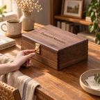 Memory box with lid designed for organizing keepsakes, letters, jewelry, and small mementos.