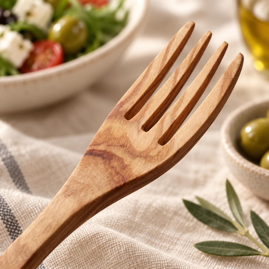 Close-up of an olive wood fork showing the distinctive natural grain and smooth handcrafted surface.