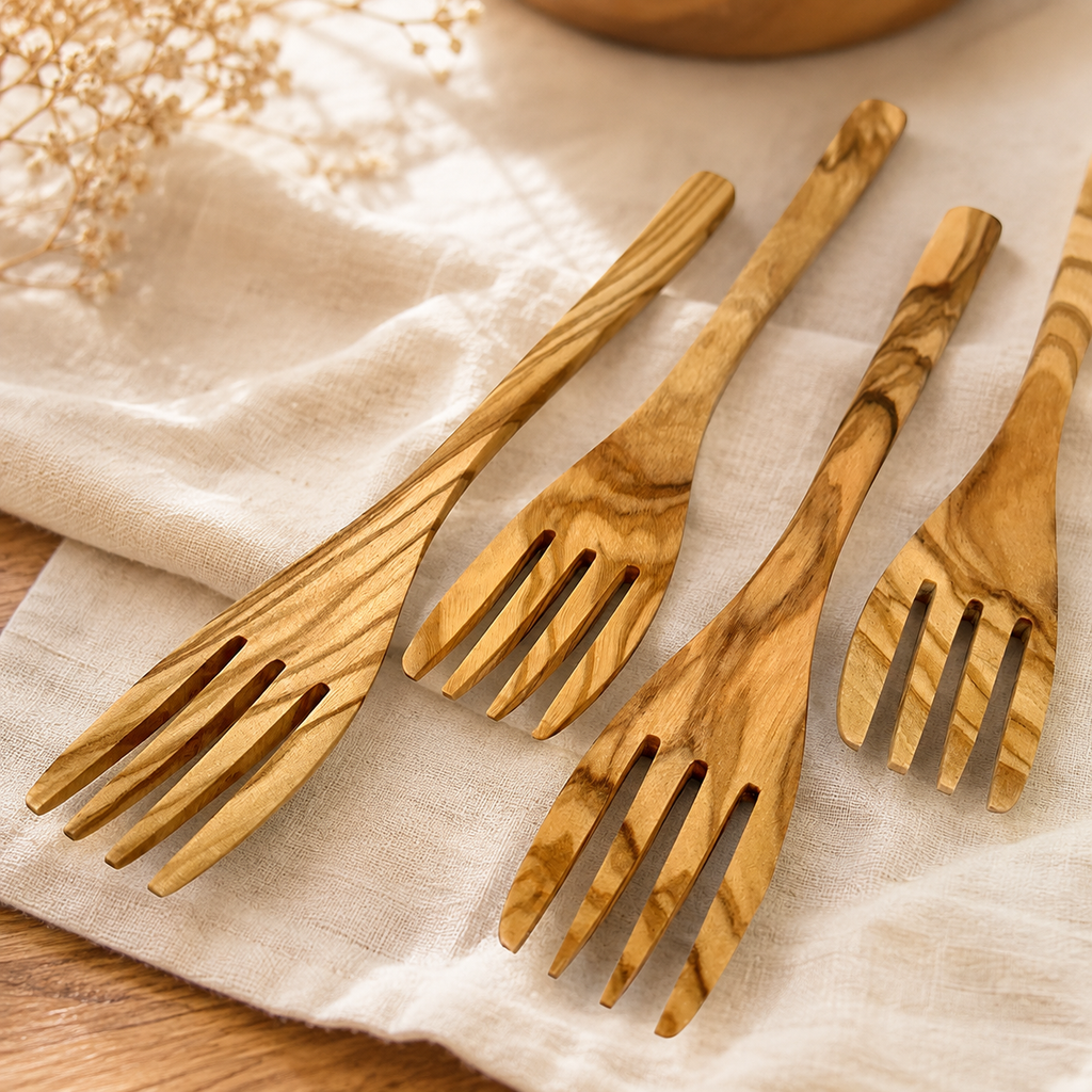 Olive wood salad fork for serving vegetables, pasta, and shared dishes, featuring natural wood grain and a smooth handcrafted finish.