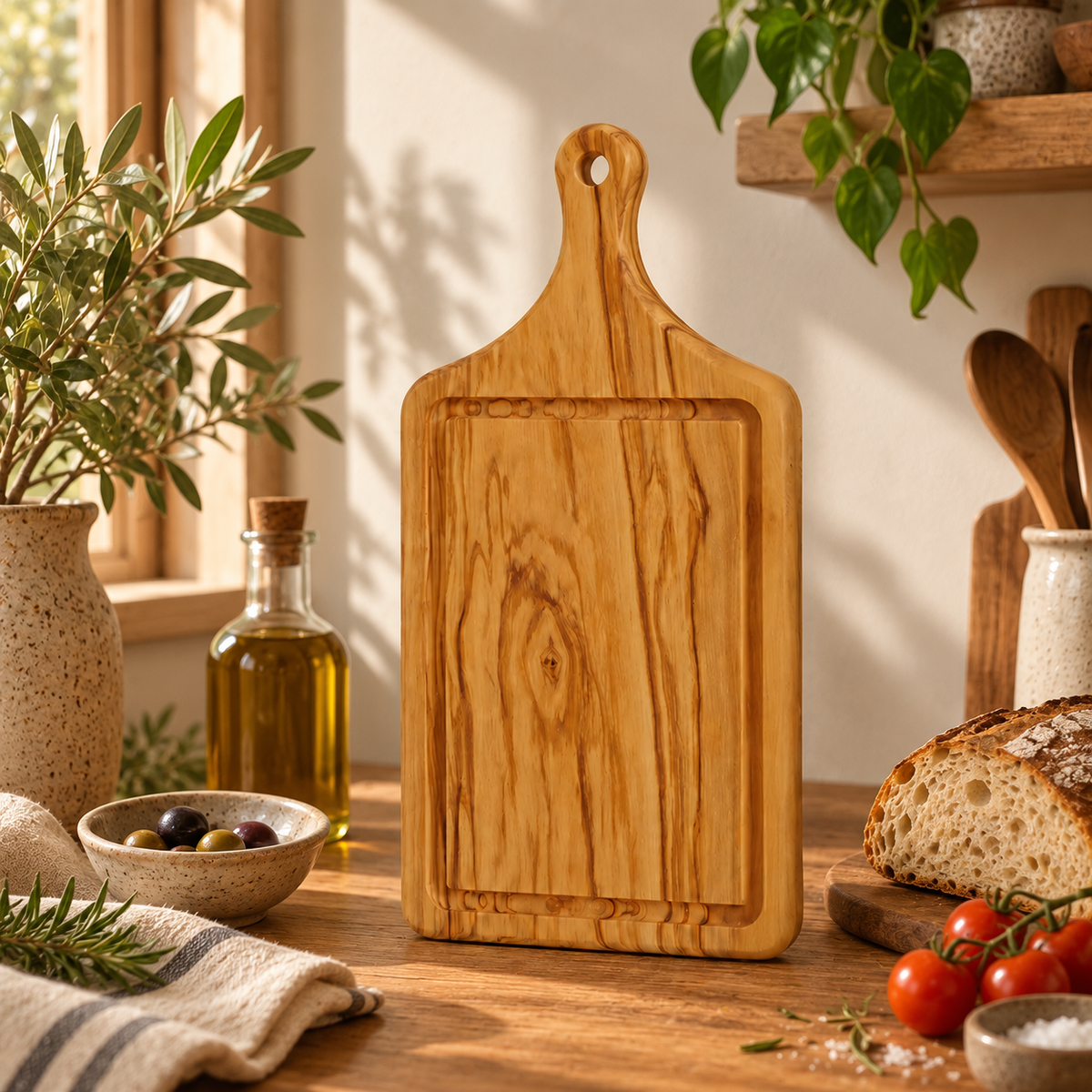 Olive wood serving board showing the distinctive natural grain and smooth handcrafted surface.