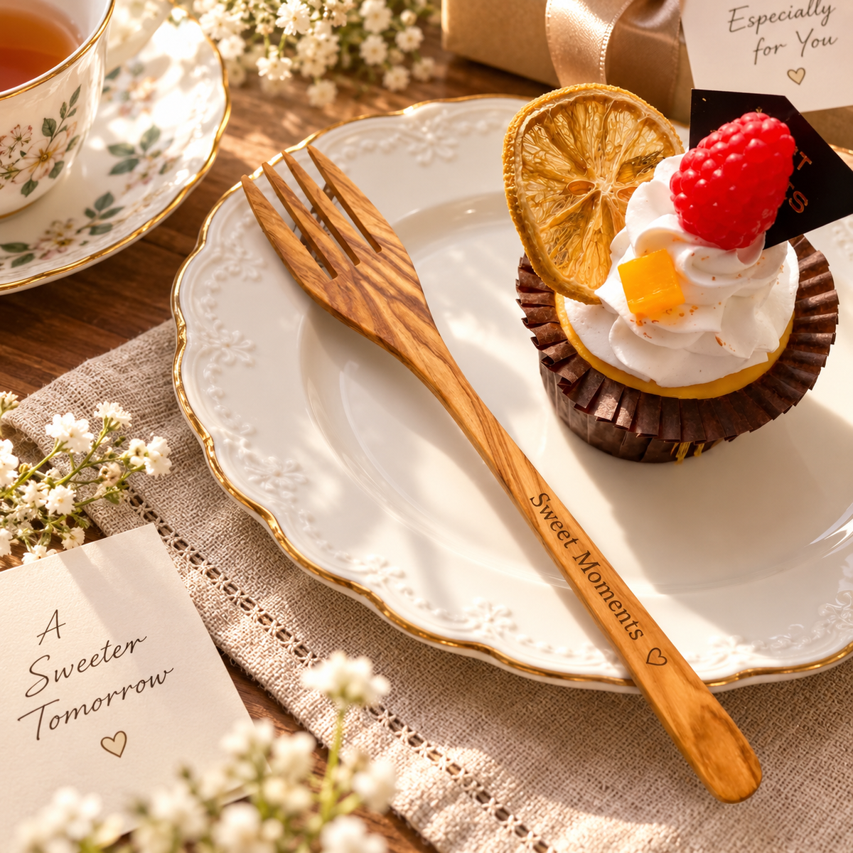 Olive wood serving fork with natural grain, styled beside a fresh salad in warm natural light.