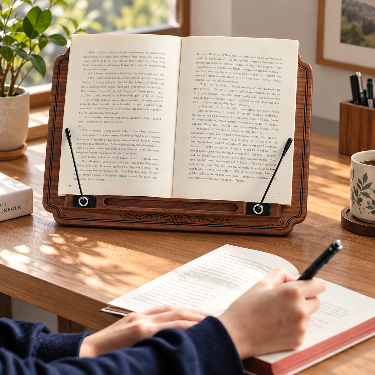 Personalized black walnut book stand with engraved text, styled as a thoughtful gift for book lovers.