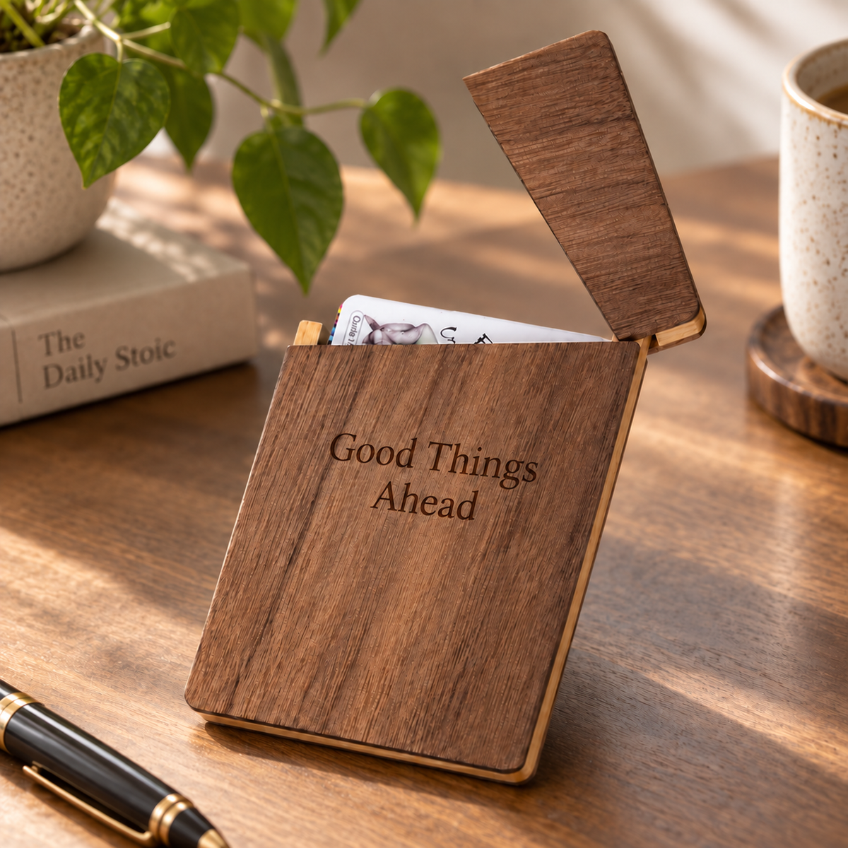 Personalized black walnut business card holder with engraved text and a slim wooden case design.