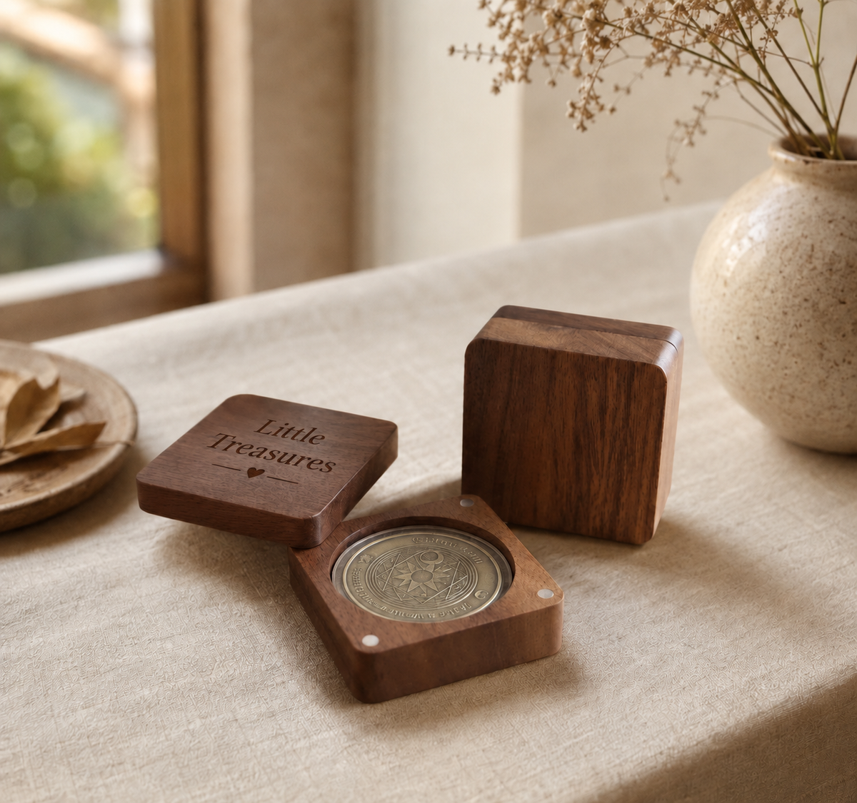 Personalized black walnut medal storage box with a hinged lid, designed for storing and displaying a commemorative medal or small keepsake.