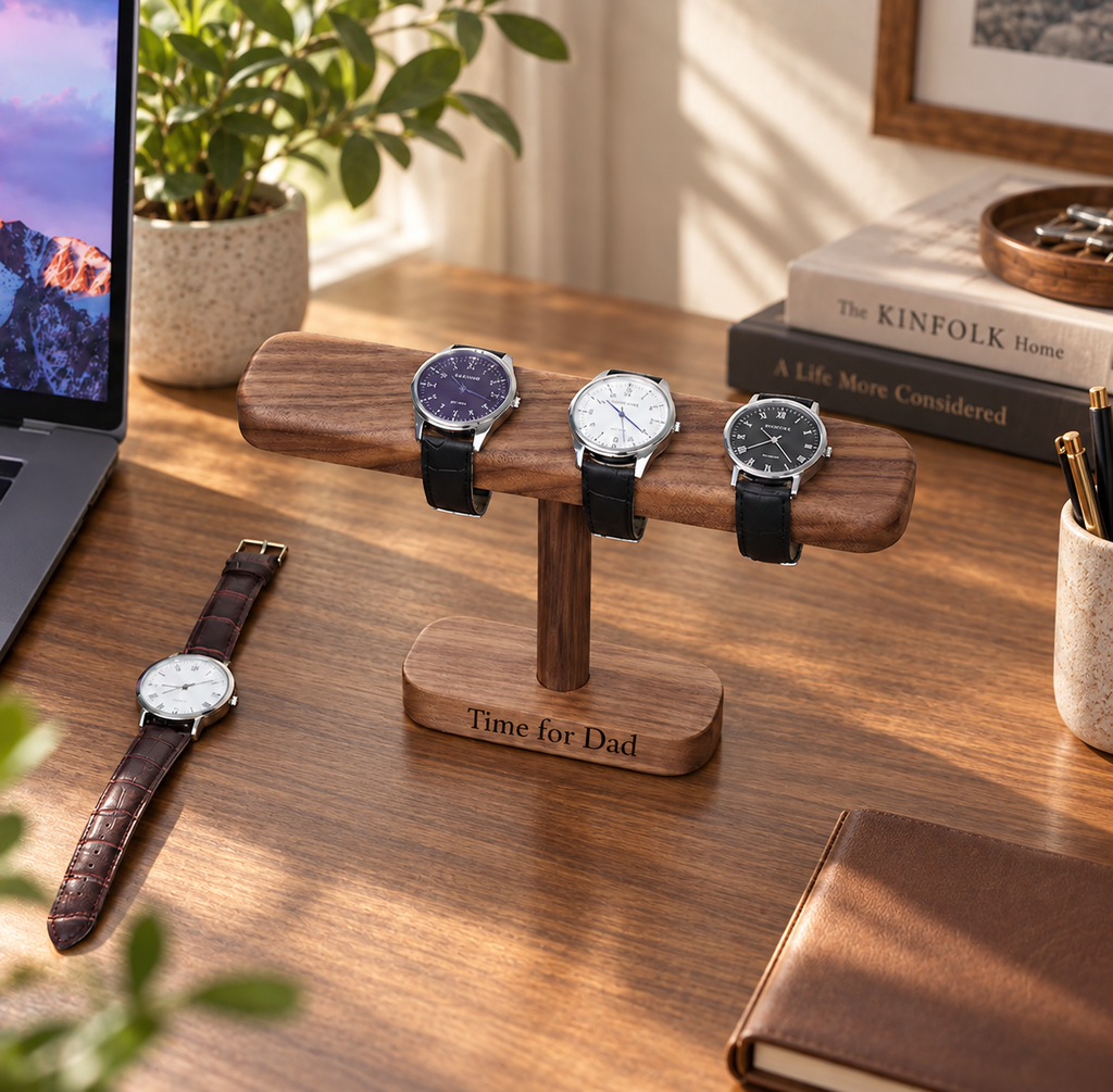Personalized black walnut watch stand with multiple watches displayed on a wooden holder in a warm desk setting.