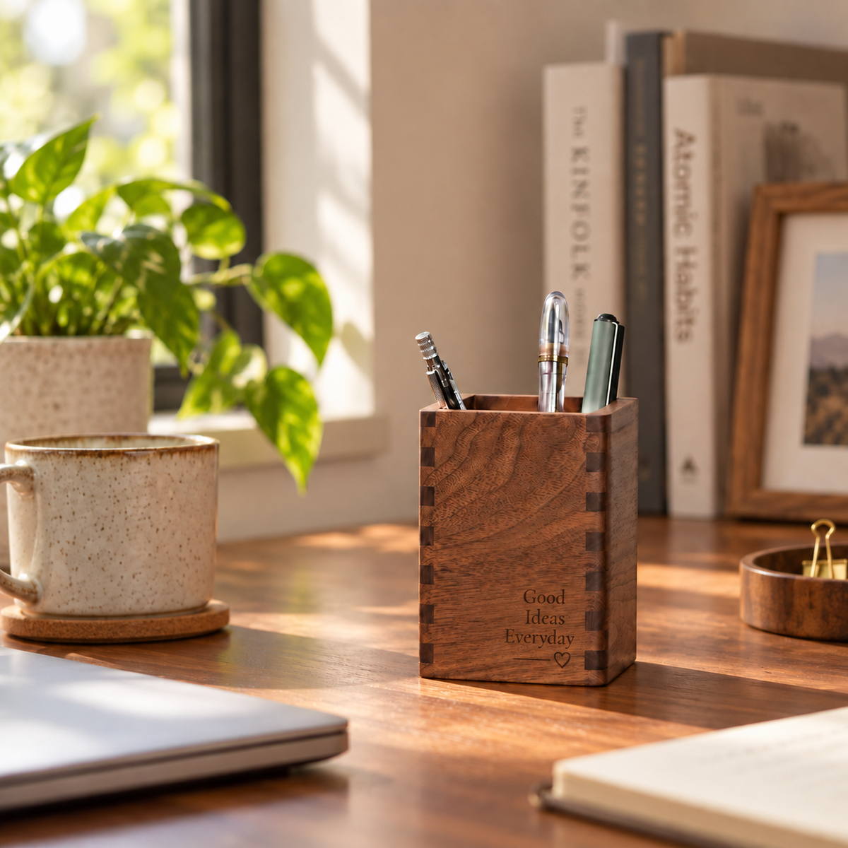 Black walnut desk organizer pen cup with a clean rectangular shape and rich natural wood grain.
