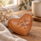 Personalized cherry wood heart with engraved message, displayed in a warm and cozy home setting.
