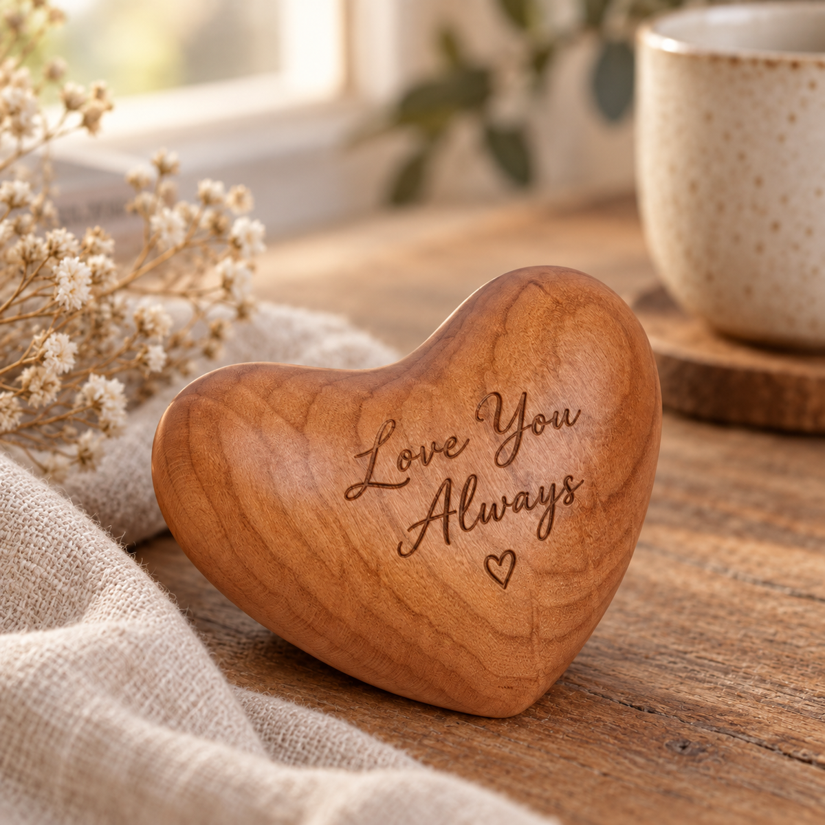 Personalized cherry wood heart with engraved message, displayed in a warm and cozy home setting.