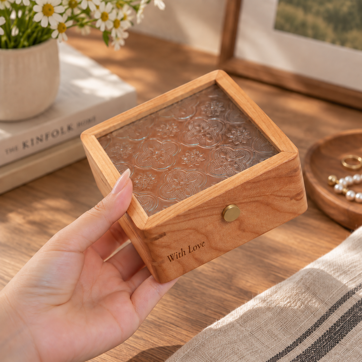 Personalized cherry wood jewelry keepsake box with a decorative transparent lid, brass knob, and engraved front for storing rings, bracelets, and small treasures.