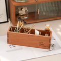 Personalized cherry wood storage organizer box with divided compartments for makeup brushes, perfume, scissors, and small daily essentials.