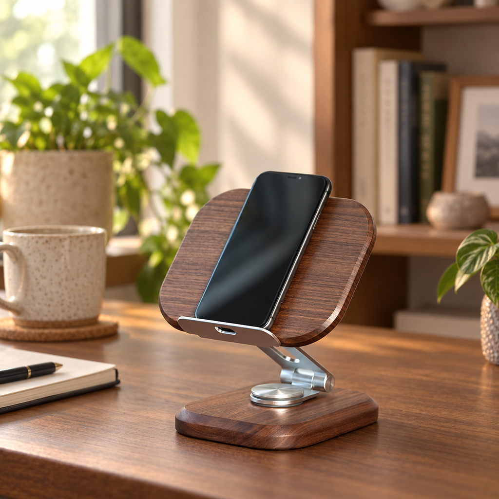Personalized phone and tablet stand with engraved text, styled as a thoughtful gift for dads, family members, or everyday desk use.