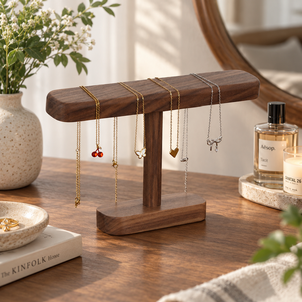 Personalized wood watch stand with engraved base, styled as a thoughtful gift for dads, husbands, and watch lovers.