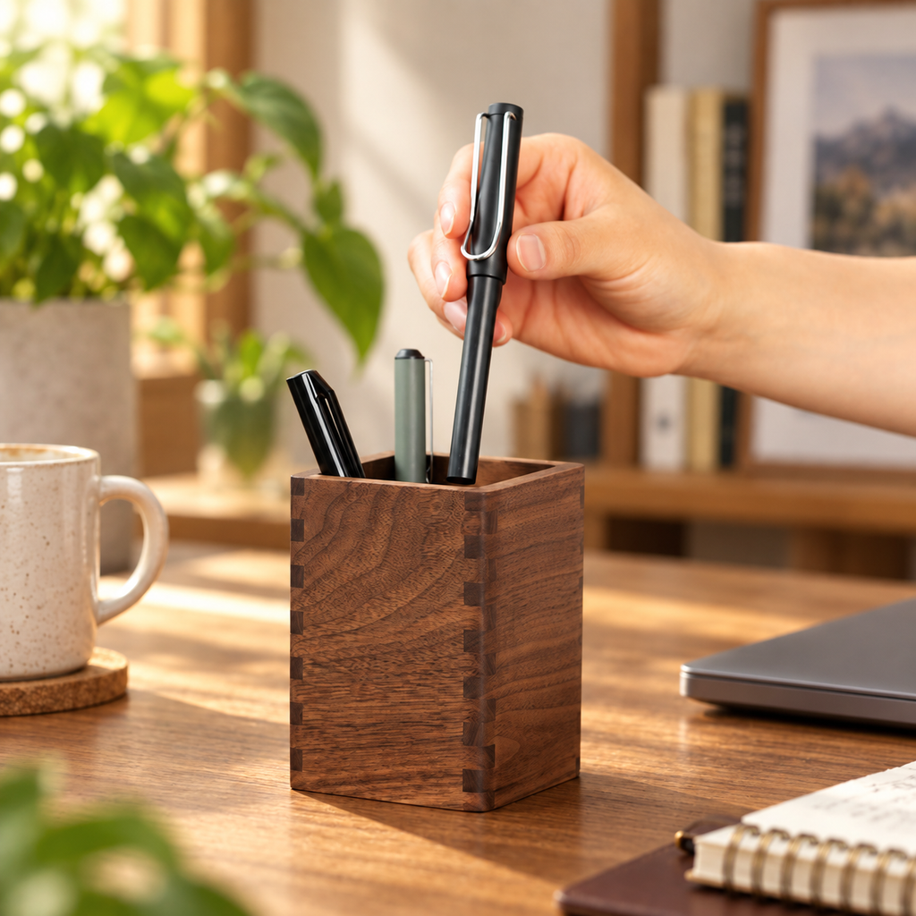 Personalized wooden pen holder styled as a thoughtful gift for dads, coworkers, teachers, or office use.