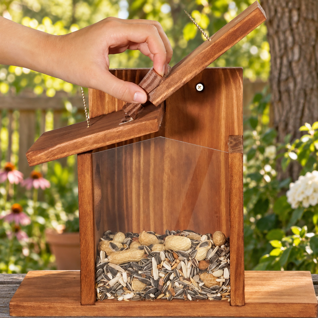 Pine wood squirrel feeder with a house-style design for mounting outdoors on a tree or garden area.
