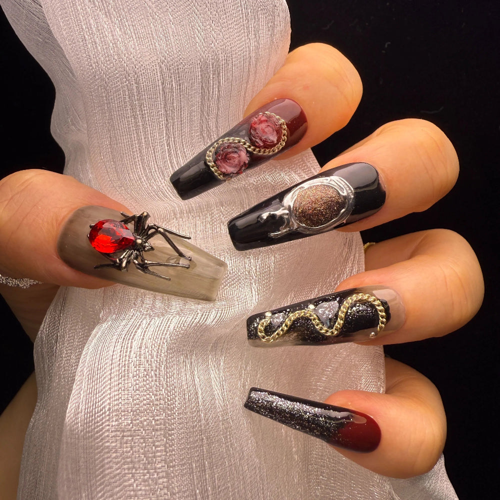 Xiguranail, Handmade press on nails, 3D nail art, blue false nails, reusable press ons, french tip nails, gel nails, All Saints' Day eyes nails