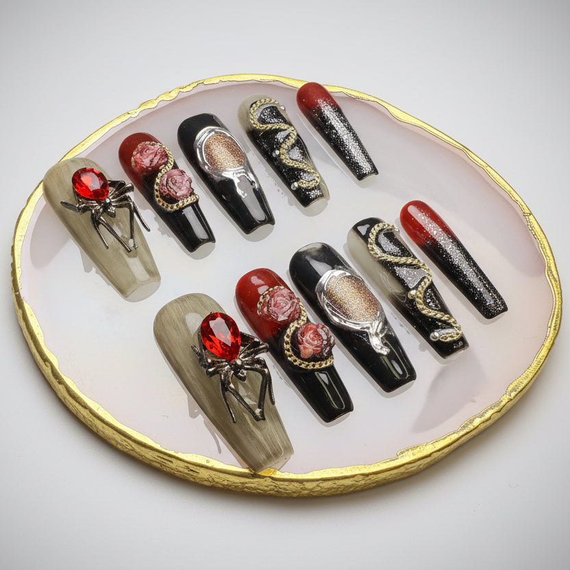 Xiguranail, Handmade press on nails, 3D nail art, blue false nails, reusable press ons, french tip nails, gel nails, All Saints' Day eyes nails