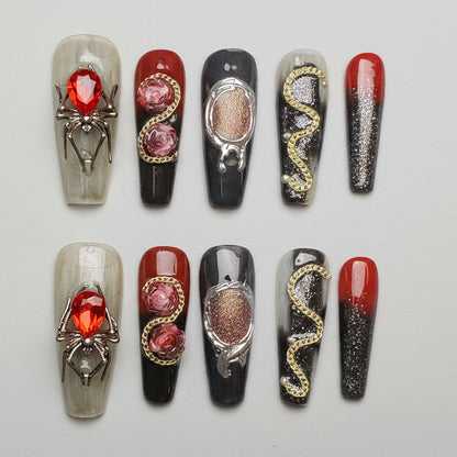 Xiguranail, Handmade press on nails, 3D nail art, blue false nails, reusable press ons, french tip nails, gel nails, All Saints' Day eyes nails