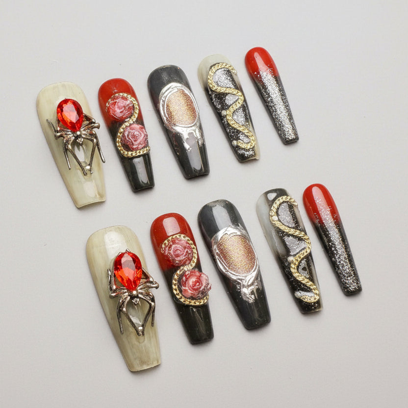 Xiguranail, Handmade press on nails, 3D nail art, blue false nails, reusable press ons, french tip nails, gel nails, All Saints' Day eyes nails