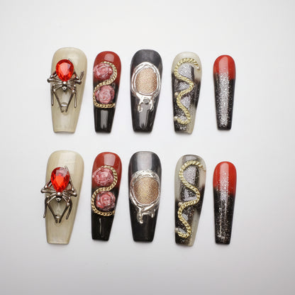 Xiguranail, Handmade press on nails, 3D nail art, blue false nails, reusable press ons, french tip nails, gel nails, All Saints' Day eyes nails