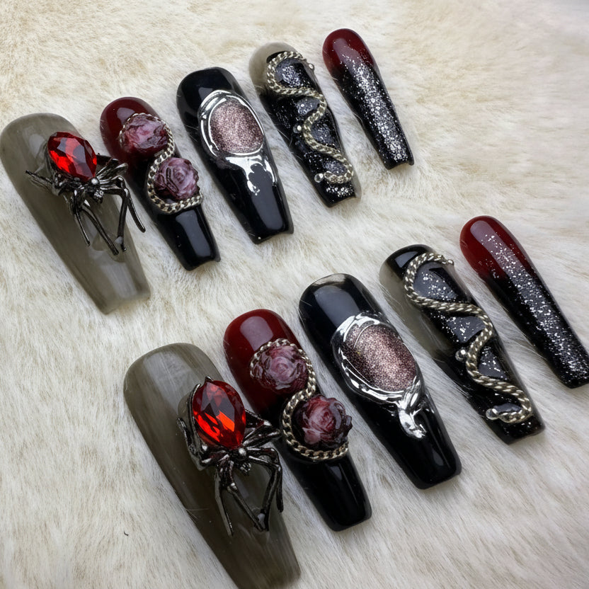 Xiguranail, Handmade press on nails, 3D nail art, blue false nails, reusable press ons, french tip nails, gel nails, All Saints' Day eyes nails