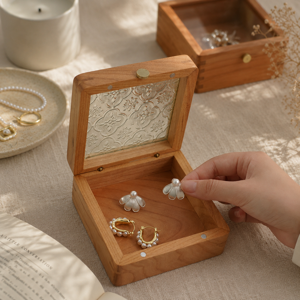 Small cherry wood jewelry box opened on a wooden table with a pearl necklace stored inside.
