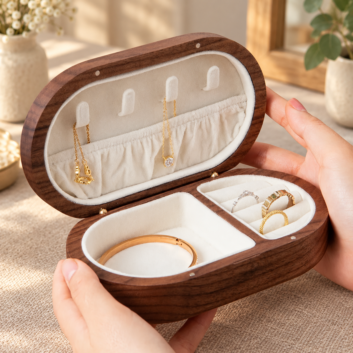 Small black walnut travel jewelry box designed for everyday storage, trips, and keeping jewelry organized on the go.