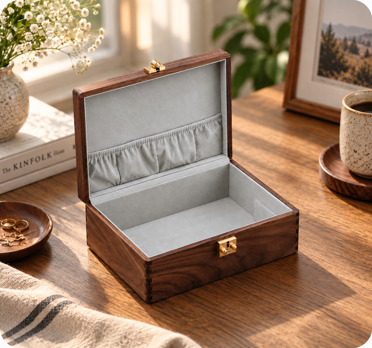 Souvenir storage box for keeping meaningful collectibles, travel mementos, and personal treasures.