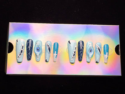 Xiguranail, Handmade press on nails, 3D nail art, blue false nails, reusable press ons,  gel nails, acrylic nails, All Saints' Day eyes nails